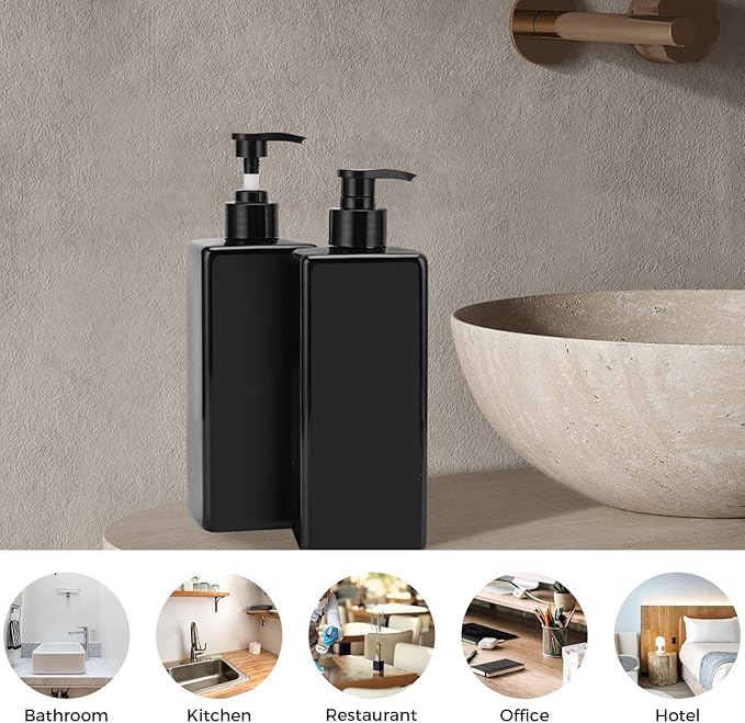 Suream Shampoo and Conditioner Dispenser Set, 3Pack 16.9oz Bathroom Countertop Soap Bottle with 4PCS lables, Plastic Refillable Dispenser with Pump for Kitchen, Office, Travel, Resturant, Black