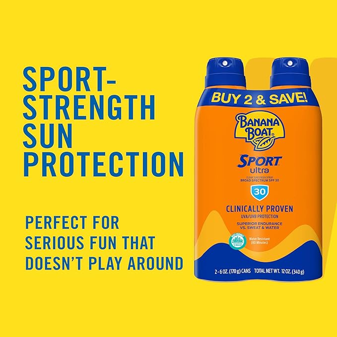 Banana Boat Sport Ultra SPF 30 Sunscreen Spray Twin Pack | Banana Boat Sunscreen Spray SPF 30, Spray On Sunscreen, Water Resistant Sunscreen, Oxybenzone Free Sunscreen Pack, 6oz each (Pack of 2)