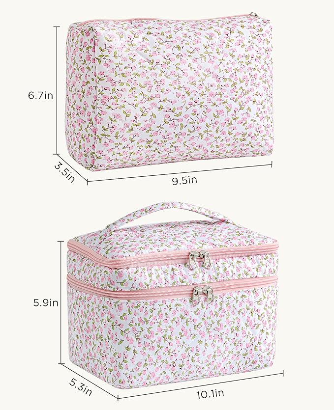 HBselect 2Pcs Travel Makeup Bag, Large Cotton Quilted Makeup Bag Cosmetic Bag Cute Make up Bag Toiletry Bags for Women Girls