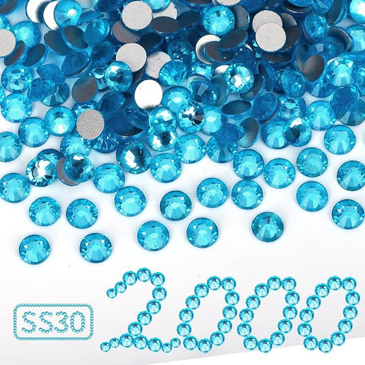 2000PCS Aquamarine Rhinestones Bulk, Flat Back Crystal Glass Stone Round Gems,SS30, 6.4-6.6mm
