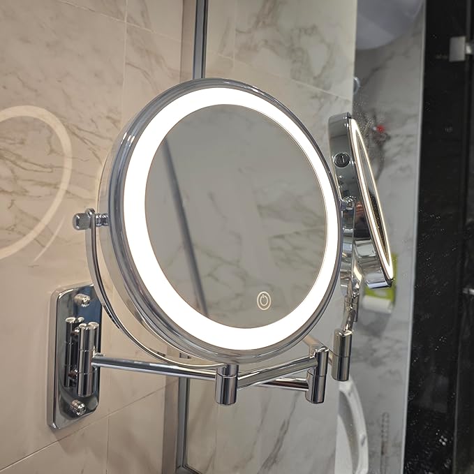 JANEEVA 8" Wall Mounted Lighted Makeup Mirror,Rechargeable Double Sided 1X/10X Magnifying Mirror with 3 Color Lights,Touch Dimmable Bathroom Vanity Mirror with 360°Swivel Extendable Arm Chrome