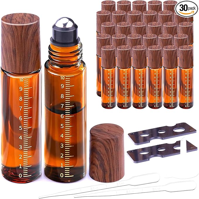 30pcs Essential Oil Roller Bottles, Amber Glass Roller Balls for Essential Oils, 10ml Empty Rollerball Bottles for Travel Refillable Roll on Perfume