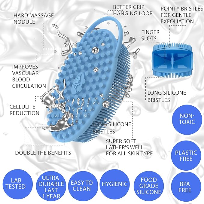 Avilana Body and Face Scrubber Combo – Includes Dual-Sided Body Scrubber and Gentle Face Scrubber – Hygienic, Long-Lasting, and Gentle for Body and Face (Blue with Silver)