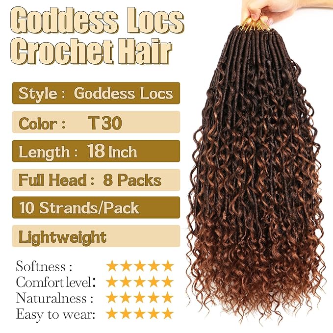 8 Packs Goddess Faux Locs Crochet Hair-18 Inch Boho Soft Locs Crochet Hair for Black Women (T30, 18 Inch(Pack of 8))