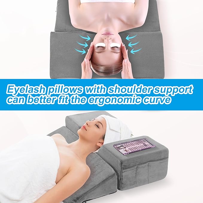 BALAPET Lash Pillows for Eyelash Extensions Ergonomic and Comfortable Velvet Foam Eyelash Pillow for Neck and Back Support Pillow Side Pockets can be Placed Tools,Easy to Graft Eyelashes(Gray)
