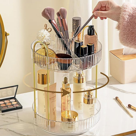Aveniee 360 Rotating Makeup Organizer for Vanity, Upagraded Perfume Skincare Bathroom Counter Organizers with Brush Divider, Two Tier Spinning Lipstick Cosmetic Makeup Lotion Storage Organizer(White)