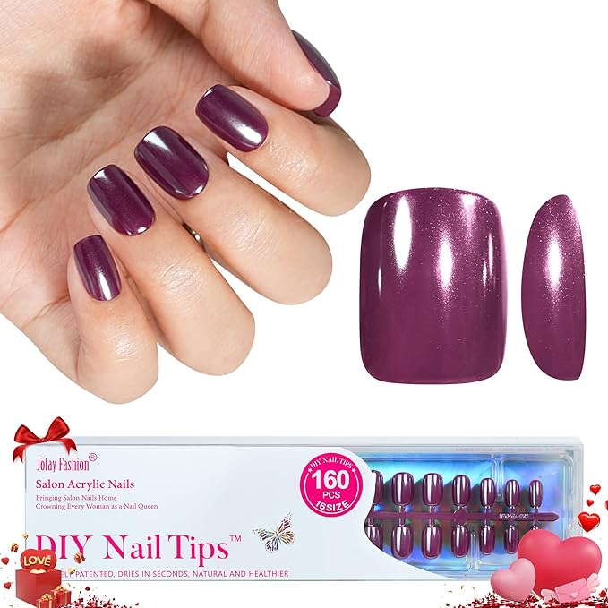 Press on Nails Short Dark Purple - Jofay Fashion Press on Nails Chrome Square, Stick On Nails in 16 Sizes -160PCS Soft Gel Fake Nails Kit for Valentines Day Gift