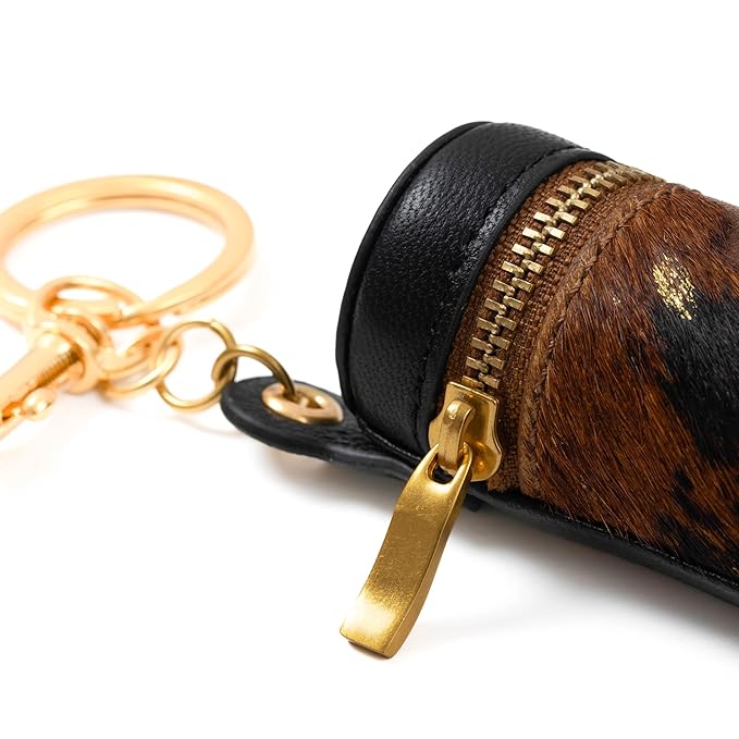Cackatoo Genuine Leather Horsehair Lipstick Case with Keychain - Portable Travel Organizer for Lipstick and Chapstick - Stylish Key Chain Accessory for Women (Bronzing/Black)