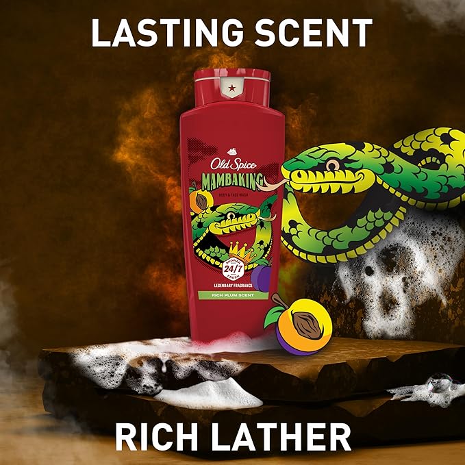 Old Spice Cleansing Body Wash for Men, 3X Defense, 24/7 Shower Fresh with Lasting Scent, 2-in-1 Body & Face Wash, MambaKing with Rich Plum Scent, 24 oz (Pack of 4)