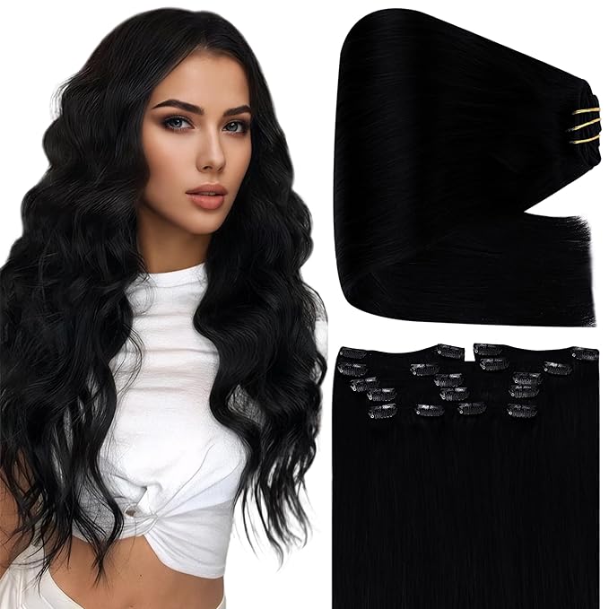Full Shine 24 Inch Human Hair Extensions Black Long Clip in Hair Extensions Jet Black Clip in Extensions for Thin Hair 7 Pcs 150 G