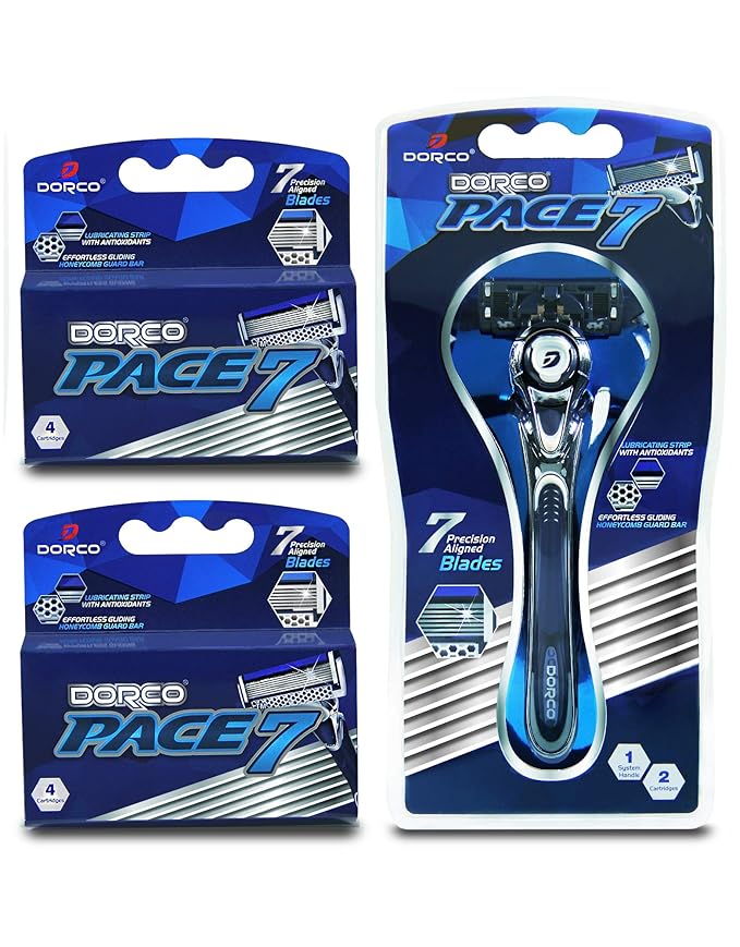 Dorco Pace 7 - Shaving Razor System for Men with Seven Curved Blades - Value Pack (10 Cartridges + 1 Handle)