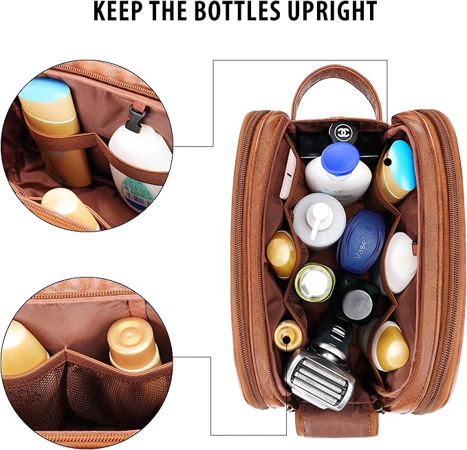 Travel Toiletry Bag for Men, Large Hanging Toiletries Organizer Bags, Cruise Ship Essentials, Water-resistant Shaving Case, PU Leather Makeup Accessories, Cosmetic Dopp Kit, Brown