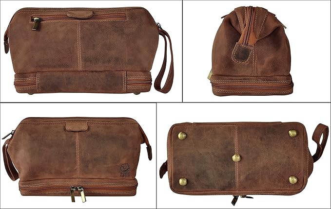 Leather Toiletry Bag for Men - Travel Gift Shaving Dopp Kit - Bathroom Shower Toiletries Organizer - Cosmetic Makeup Bag for Women