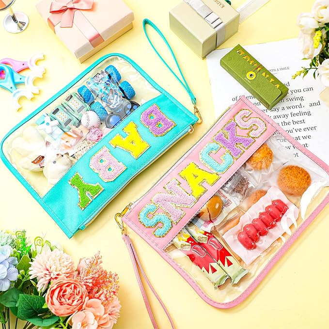 Buryeah 4 Pcs Chenille Letter Pouch Flat Nylon Clear Snack Bags Flat Multipurpose Zipper Makeup Bag for Travel Toiletry Bag Water-proof Cosmetic Pouch for Women(Simple Style)