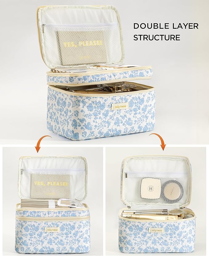 HBselect 2Pcs Travel Makeup Bag, Large Cotton Quilted Makeup Bag Cosmetic Bag Cute Make up Bag Toiletry Bags for Women Girls