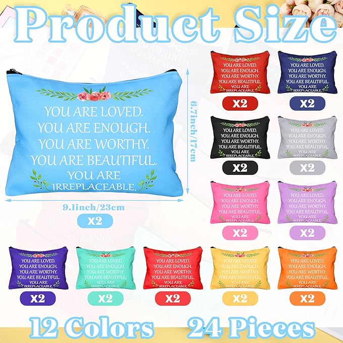 Cunno 24 Pcs Inspirational Makeup Bag Bulk Gift for Women You Are Loved Motivational Canvas Bag with Zipper Appreciation Makeup Cosmetic Bags Christmas Retirement Gift Multicolor(Fresh Color)