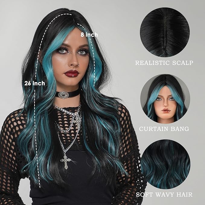 Black Teal Blue Highlight Long Wavy Wig with Curtain bang 26 Inch Ombre Teal Blue Black wig Synthetic Heat Resistant Wig for Women Daily Party used.
