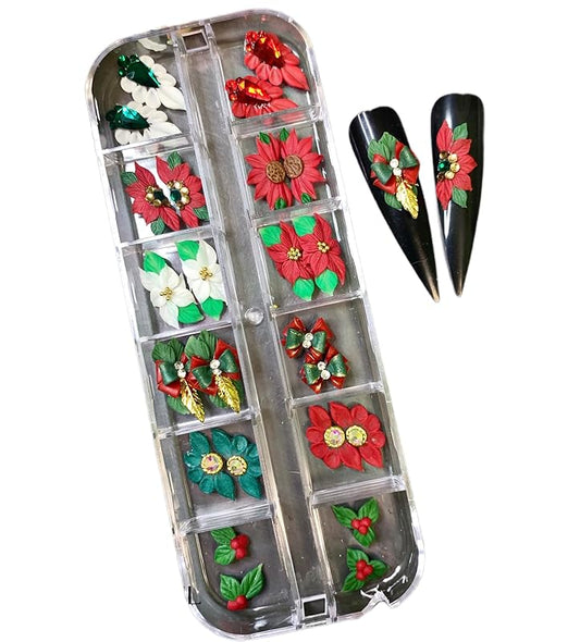 3D Acrylic Christmas Flower Nail Art Charms Handmade by Acrylic Powder - 24pcs Noel Flowers Nail Rhinestones Kit 3D Crystal Nail Pearls Design Acrylic Nail Art for Women (Christmas)