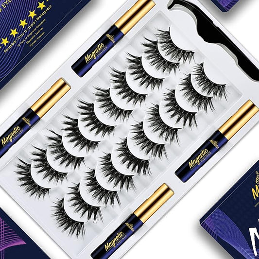 Magnetic Eyelashes Magnetic Lashes Natural Looking,10 Pairs Reusable Magnetic Eyelash kit with Applicator - Upgraded Long Lasting (4 Tube of Liner) Easy to Apply.