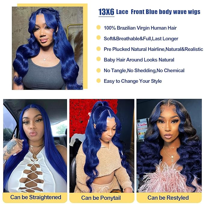 36 Inch Blue Lace Front Wigs Human Hair 13x6 Hd Lace Frontal Body Wave Wig 180% Density Long Dark Blue Wig Human Hair for Black Women Royal Blue Colored Glueless Wigs Pre Plucked