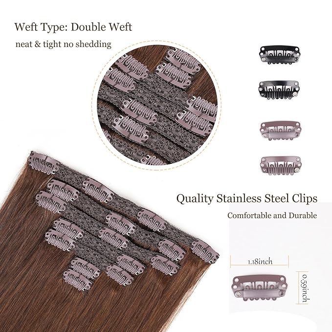 Clip In Human Hair Extensions,70g 7pcs Double Weft Silky Straight Remy Human Hair Clip Ins 14inch #4 Meduim Brown 100% Human Hair Clip In Hair Extensions