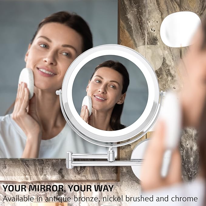 OVENTE 9" Lighted Wall Mount Makeup Mirror with 1X/10X Magnification, Cordless Double Sided Magnifying Round Vanity Mirror, 360° Swivel Design, Extendable and Folding Arm, Polished Chrome MFW85CH1X10X