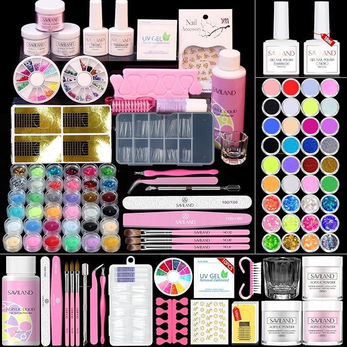 Saviland Acrylic Nail Kit – 61 in 1 Nail Kit Set Full Acrylic Powder Set with Everything Nail Supplies Acrylic Nail Liquid Nails Tips & Glue for Beginners Nail Extension French Manicure Home DIY