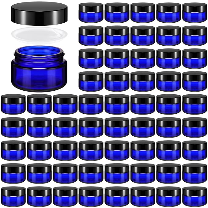 Domensi 60 Pcs 1oz Glass Jars with Lids Bulk Salve Tins Small Glass Candle Cosmetic Jars for Travel with Inner Liners Containers for Lotions Sample Cream(Cobalt Blue, Black Lid)