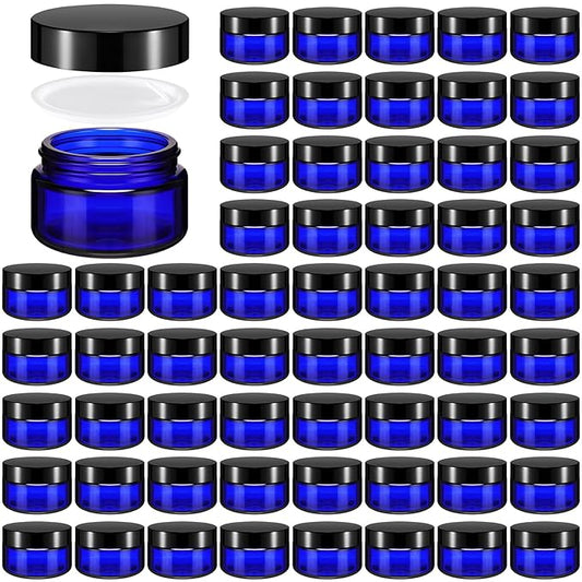 Domensi 60 Pcs 1oz Glass Jars with Lids Bulk Salve Tins Small Glass Candle Cosmetic Jars for Travel with Inner Liners Containers for Lotions Sample Cream(Cobalt Blue, Black Lid)