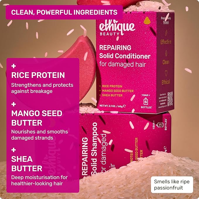 Ethique Repairing Shampoo Bar for dry, damaged hair with Rice Protein - Plastic-Free, Vegan, Cruelty-Free, 3.88 oz - Formerly Sorbet