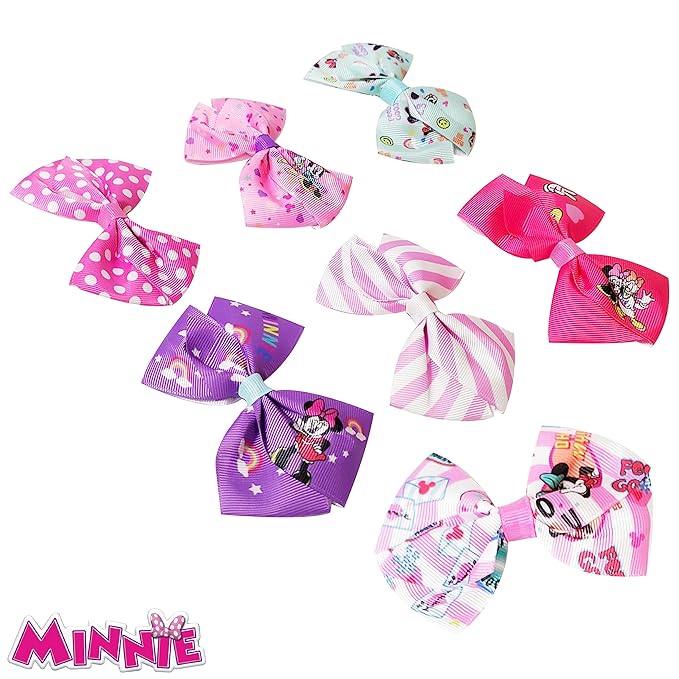 Disney Minnie Mouse Hair Bows - Hair Accessories Gift Set - Minnie Hair Bow - 7 Pcs 4 Inch Bundle - HairBows for Girls - Minnie on each clip - Alligator Clip - Ages 3 +