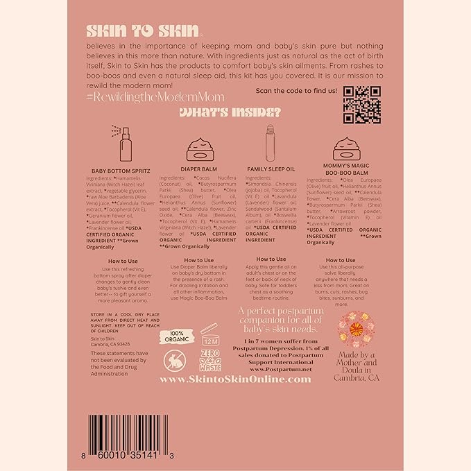 Skin to Skin New Baby Kit - 4 Piece Set in Cosmetic Bag - Organic Baby Butt Balm - Postpartum Essentials
