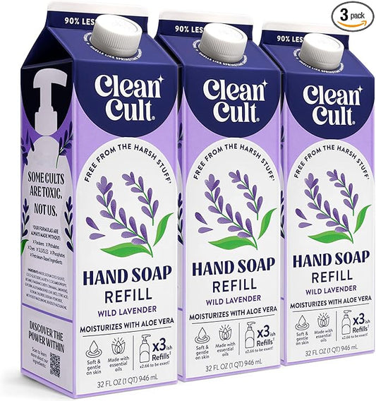 Cleancult Liquid Hand Soap Refills - Wild Lavender - Moisturizes Dry & Sensitive Skin -Made with Aloe Vera & Lavender Essential Oils - Eco Friendly - Paper-Based Packaging - 32 oz/3 Pack