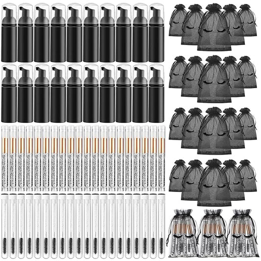 Zhehao 80 Pcs Lash Shampoo Bottle Brushes Kit 20 Foam Pump Dispensers 20 Lash Shampoo Brushes 20 Eyelash Aftercare Bag 20 Cleaning Pipes, Eyelash Extension Supplies(Black)