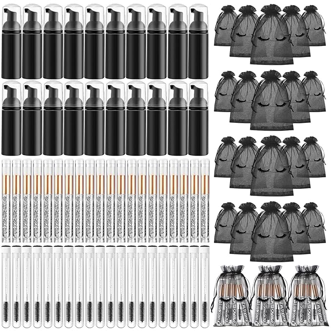 Zhehao 80 Pcs Lash Shampoo Bottle Brushes Kit 20 Foam Pump Dispensers 20 Lash Shampoo Brushes 20 Eyelash Aftercare Bag 20 Cleaning Pipes, Eyelash Extension Supplies(Black)