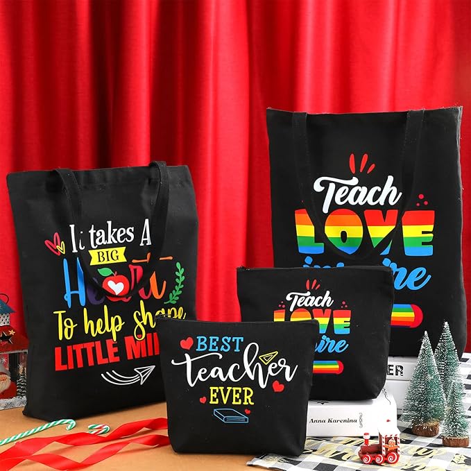 Oudain 8 Pcs Teacher Appreciation Gifts for Women Graduation Gifts Canvas Tote Bag Cosmetic Toiletry Canvas Makeup Bags with Zipper for Teacher Birthday Farewell Parties