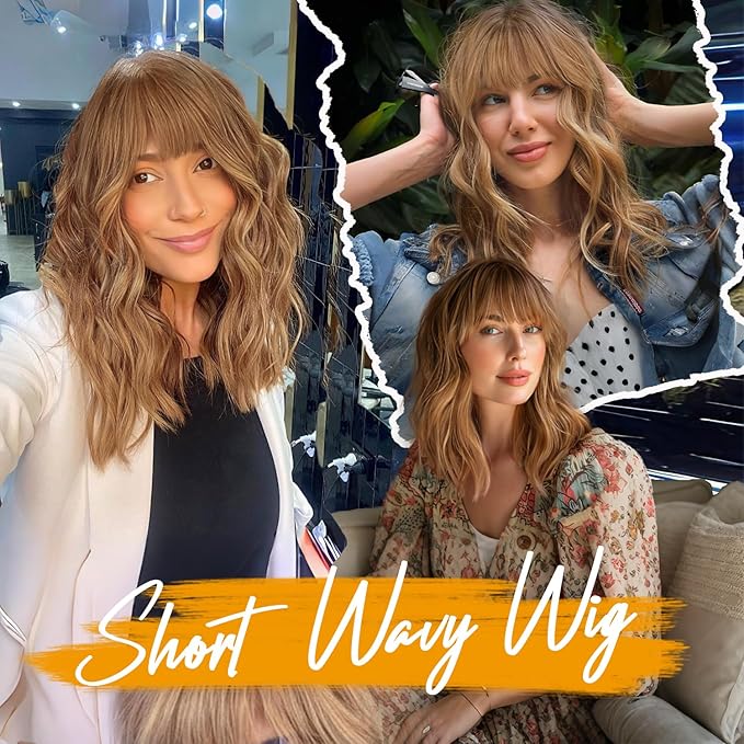 AISI HAIR Synthetic Curly Bob Wig with Bangs Natural Brown with Honey Blonde Highlight Ombre Short Wavy for Women Natural Looking Heat Resistant Bob Wigs