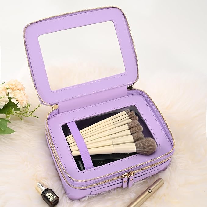 Aveniee Clear Makeup Bags, Double Layer Cosmetic Bags with a Separate Brush Compartment, Large Travel Toiletry Bag Train Case for Women, Travel Accessories Organizer(2 Layers Large, Lilac)