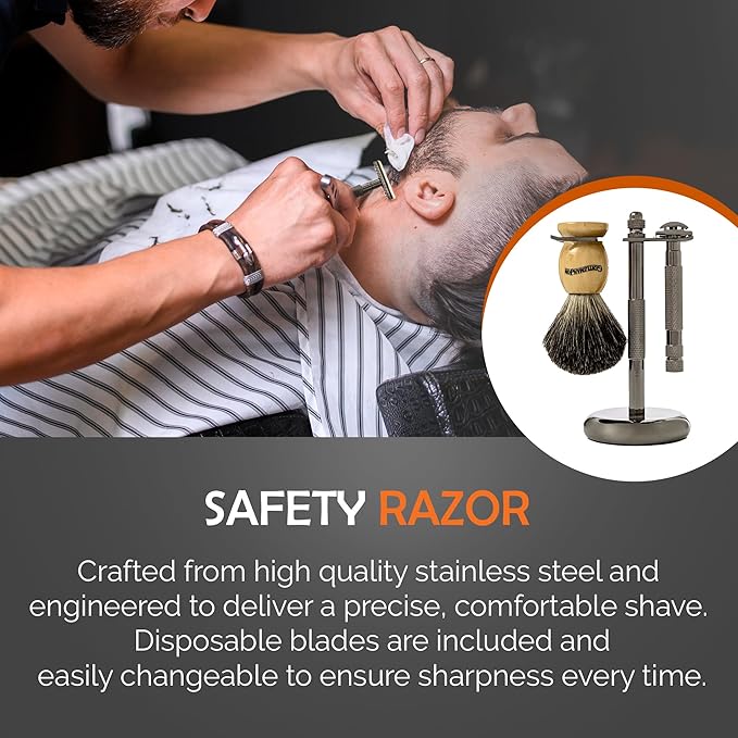 Deluxe Vintage Wet Shave Grooming Set for Men - Safety Razor, Brush, Alum Block, Soap, Bowl, Blades, Stand & Dopp Kit