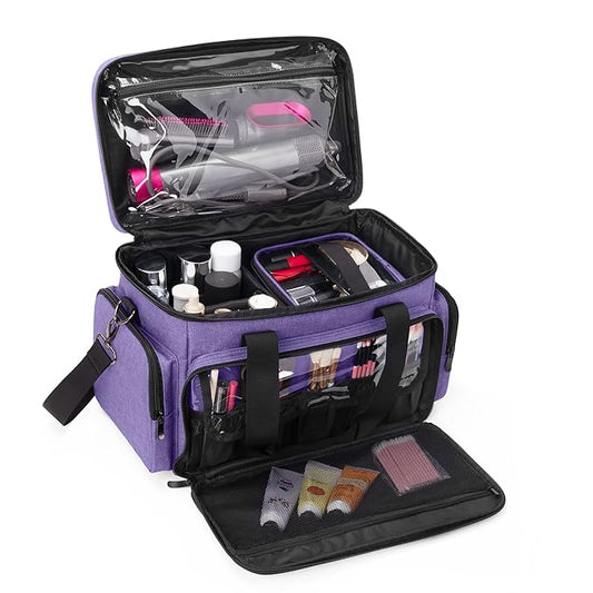 BAFASO Large Makeup Bag with 2 Removable Pouches and Detachable Dividers, Multifunctional Cosmetic Bag to Keep Makeup and Hair Supplies (Patent Pending), Purple
