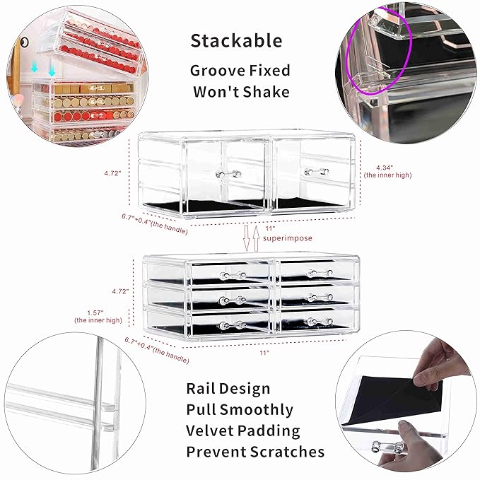 Cq acrylic Clear Stacking Make Up Organizers and Storage With 8 Drawers,9.4" Tall Acrylic Medicine Cabinet Organizer,Plastic Desktop Drawers Organizer for Vanity, Undersink, Kitchen Cabinets,bathroom