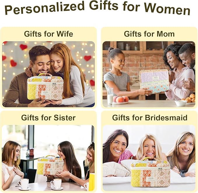 3Pcs Makeup Bag Cotton Quilted Travel Cosmetic Bag Cute Floral Makeup Pouch Large Toiletry Bag for Women Girls (Flower stitching)