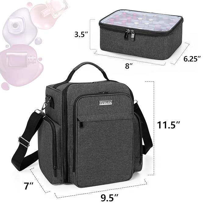 BAFASO Nail Polish Organizer Holds 48 Bottles (15ml - 0.5 fl.oz) and a Nail Lamp, Large Nail Polish Case with 2 Removable Pouches and Multiple Storage Sections (Patented Design), Black