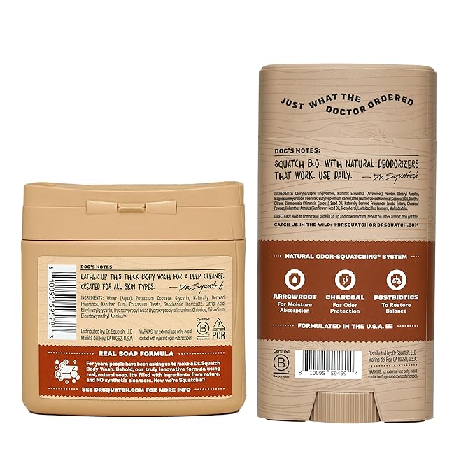 Dr. Squatch NEW Body Wash and Deodorant for Men Gift Set | No Paraben, Phthalate, Sulfate | Odor-Squatching, Aluminum-Free | Wood Barrel Bourbon Body Wash (8 oz, 3-Pack) & Deodorant (2.56 oz, 2-Pack)