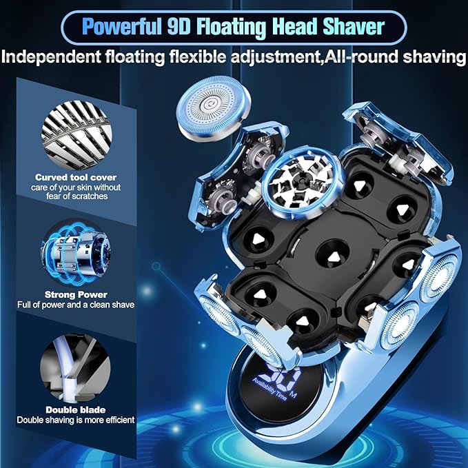 9D Head Shavers for Bald Men, Electric Shaver for Men,6 in 1 Mens Grooming Kit with Nose Hair Trimmer, Beard Trimmer,Waterproof Wet/Dry Rotary Shaver,Gift for Father, Husband, Boyfriend（Blue）
