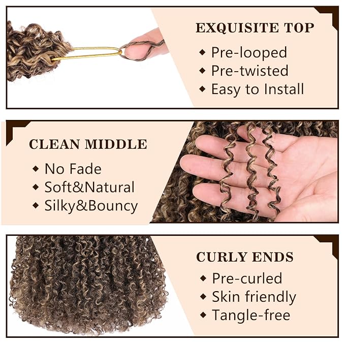 COOKOO 8 Bundles/Lot 12 Inch Bohemian Yanky Twist Crochet Hair Mix Blonde Pre-Twisted Crochet Passion Twist Hair with Curls Pre Looped Small Curly Twist Crochet Hair for Senegalese Twist Braids 4H27#