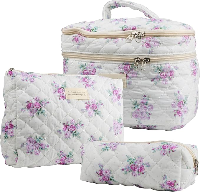 Dual Layer Cute Makeup Bag for Women(3 Pcs), Quilted Floral Coquette Aesthetic Make up Bags, Travel Cosmetic Bags Toiletry Organizer Bag(Purple Grass)
