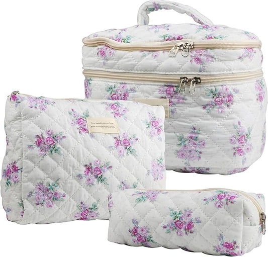 Dual Layer Cute Makeup Bag for Women(3 Pcs), Quilted Floral Coquette Aesthetic Make up Bags, Travel Cosmetic Bags Toiletry Organizer Bag(Purple Grass)