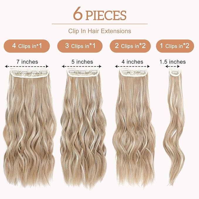Clip in Hair Extensions for Women - 20 Inch Long Wavy Brown Extensions, 6PCS Light Brown & Blonde Hairpieces that Blend Naturally with Your Real Hair (20 Inch, Light Brown & Blonde)