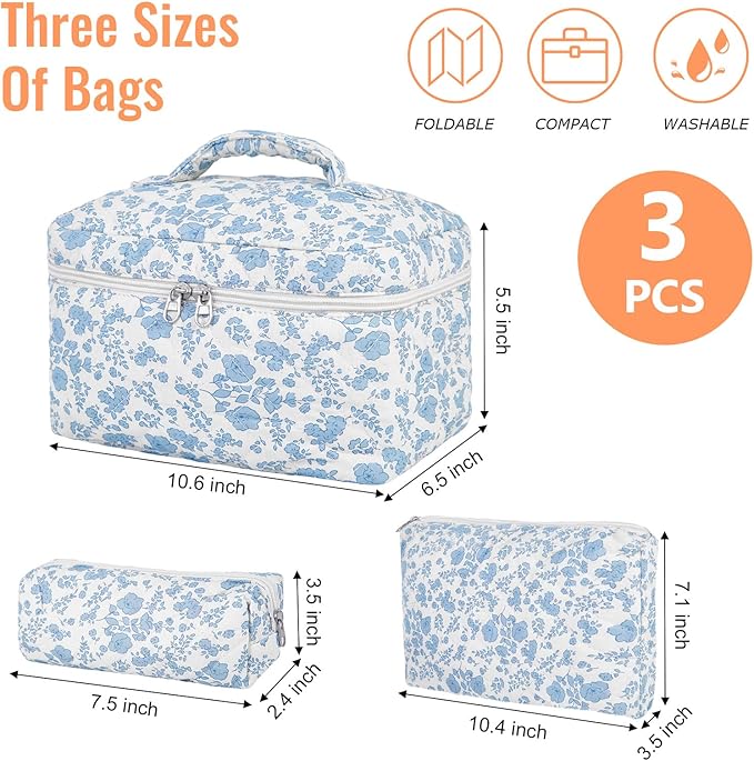 3Pcs Cotton Quilted Makeup Bag for Women Girls, Large Floral Cosmetic Bag Set Cute Makeup Brushes Aesthetic Accessories Storage Bag Travel Toiletry Bag Organizer, Little Flower Blue